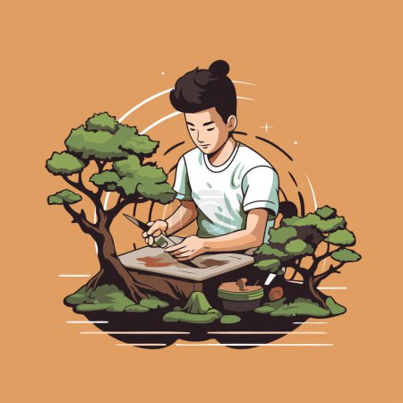 Ilustración de Ilustración de una joven asiática cocinando en el jardín. Ilustración vectorial. - Imagen libre de derechos