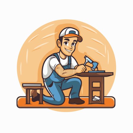 Téléchargez les illustrations : Illustration vectorielle d'un menuisier travaillant avec un marteau sur un établi - en licence libre de droit