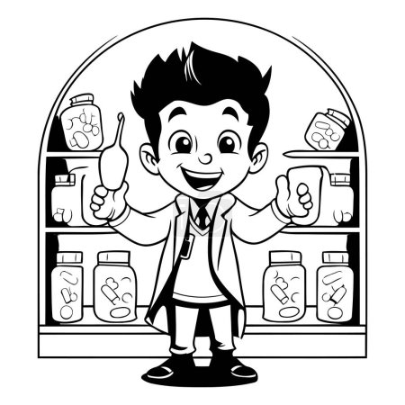 Ilustración de Un chico en un supermercado con mucha comida. Ilustración vectorial en blanco y negro. - Imagen libre de derechos
