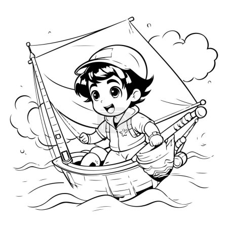 Illustration for Black and White Cartoon Illustration of Kid Boy Sailing on a Boat for Coloring Book - Royalty Free Image
