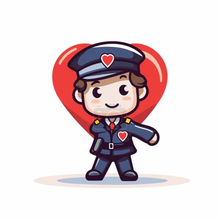 Illustration for Cute boy in police uniform holding red heart. Vector illustration. - Royalty Free Image