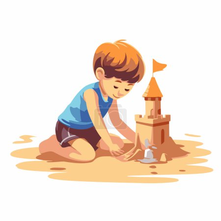 Téléchargez les illustrations : Joli petit garçon jouant avec le sable et construisant une tour. illustration vectorielle de dessin animé isolé sur fond blanc. - en licence libre de droit