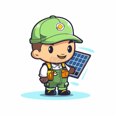 Cute engineer boy holding solar panel. Vector cartoon character illustration.