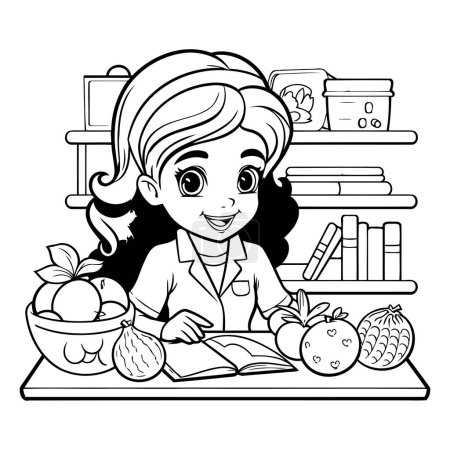 Illustration for Girl reading a book at the table with fruits and vegetables. vector illustration - Royalty Free Image