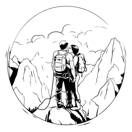 Ilustración de Caminantes en las montañas. Ilustración vectorial en colores blanco y negro. - Imagen libre de derechos