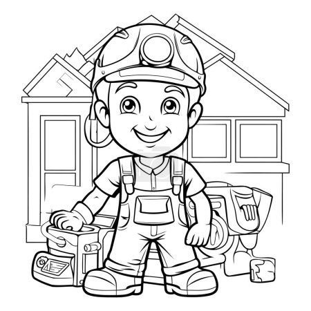Téléchargez les illustrations : Illustration de dessin animé noir et blanc de petit garçon constructeur ou pompier personnage pour livre à colorier - en licence libre de droit