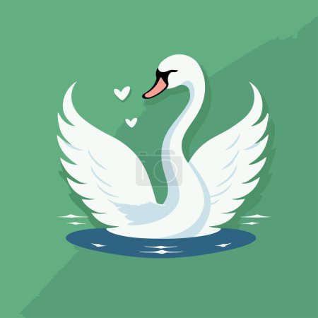 Téléchargez les illustrations : Cygne blanc avec des ailes de coeur sur un fond vert. Illustration vectorielle - en licence libre de droit