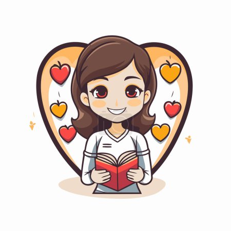 Illustration for Cute girl reading a book in the shape of a heart. Vector illustration. - Royalty Free Image