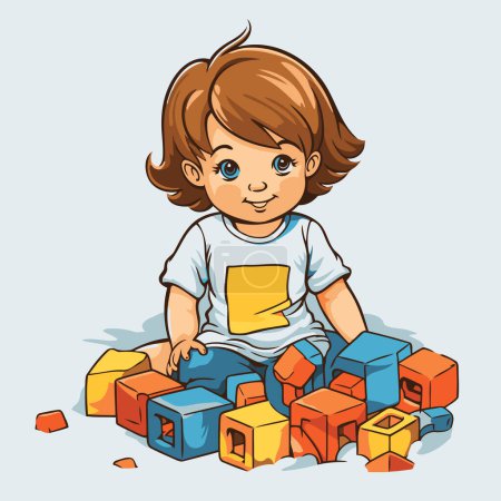Illustration for Cute little girl playing with building blocks. Vector illustration of a child playing with building blocks. - Royalty Free Image