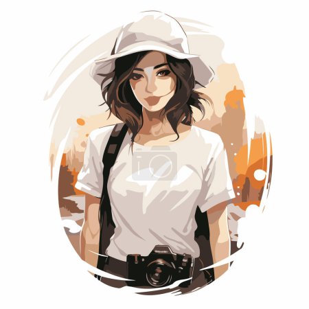 Illustration for Beautiful young woman in hat and white shirt with camera. Vector illustration. - Royalty Free Image
