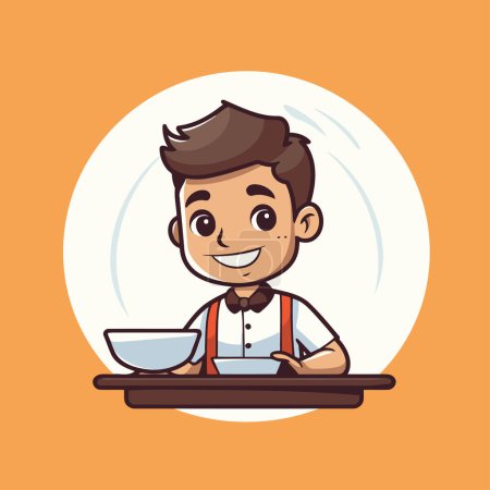 Illustration for Cute cartoon waiter with a bowl of soup. Vector illustration. - Royalty Free Image