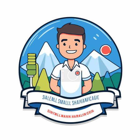 Téléchargez les illustrations : Station de ski emblème avec jeune homme en t-shirt. Illustration vectorielle. - en licence libre de droit