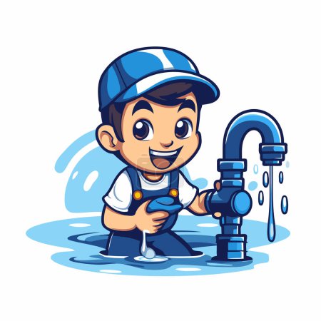 Illustration for Plumber with water tap. Vector illustration of a cartoon character. - Royalty Free Image