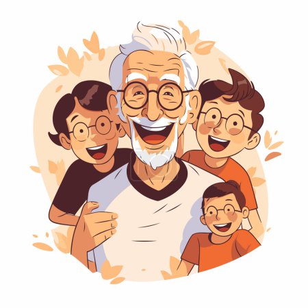 Ilustración de Feliz abuelo con nietos. Día de los abuelos. Ilustración vectorial. - Imagen libre de derechos