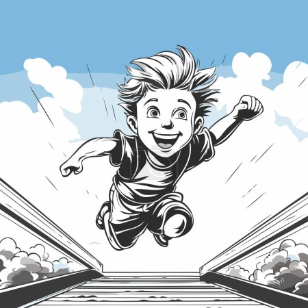 Ilustración de Ilustración vectorial de un niño saltando a través de la brecha en el puente. - Imagen libre de derechos