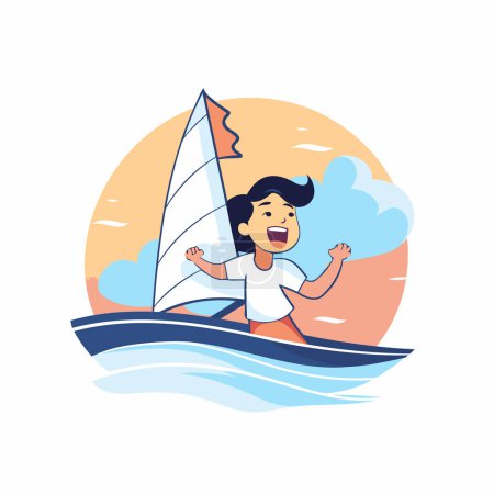 Illustration for Boy windsurfing. Vector illustration in flat cartoon style on white background. - Royalty Free Image