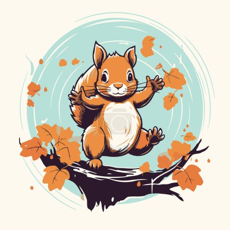 Téléchargez les illustrations : Écureuil assis sur la branche d'arbre avec des feuilles d'automne. Illustration vectorielle. - en licence libre de droit