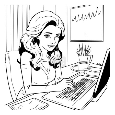 Téléchargez les illustrations : Belle femme travaillant sur ordinateur à la maison. Illustration vectorielle noir et blanc. - en licence libre de droit