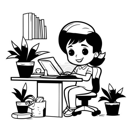 Téléchargez les illustrations : Fille utilisant un ordinateur portable à la maison. Illustration vectorielle. Noir et blanc. - en licence libre de droit