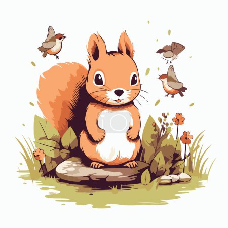 Illustration for Cute squirrel sitting on a stone in the garden. Vector illustration. - Royalty Free Image