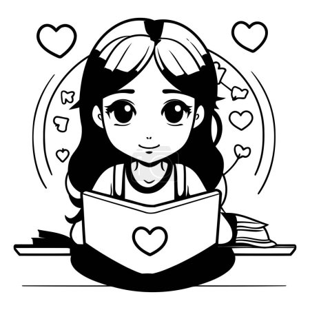 Téléchargez les illustrations : Jolie petite fille lisant un livre avec des cœurs autour d'elle. Illustration vectorielle. - en licence libre de droit