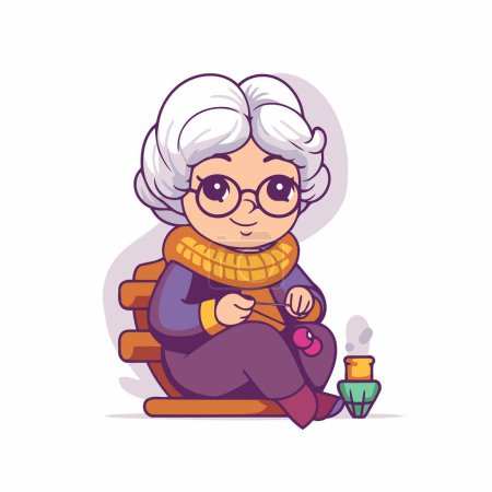Ilustración de Graciosa abuela sentada en un banco. Ilustración vectorial en estilo de dibujos animados. - Imagen libre de derechos