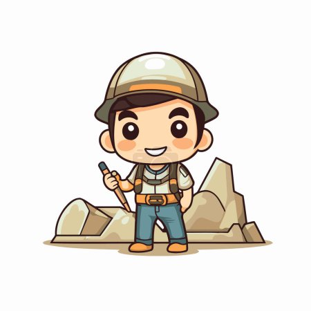Cartoon miner standing on the rocks and holding a shovel. Vector illustration.