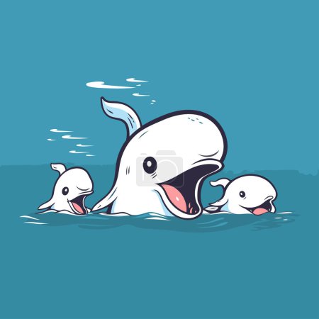 Téléchargez les illustrations : Illustration d'un groupe de baleines blanches mignonnes nageant dans la mer - en licence libre de droit