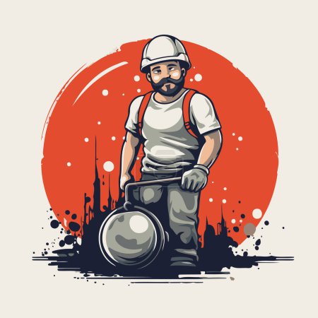 Illustration for Worker with helmet and pot. Vector illustration in retro style. - Royalty Free Image