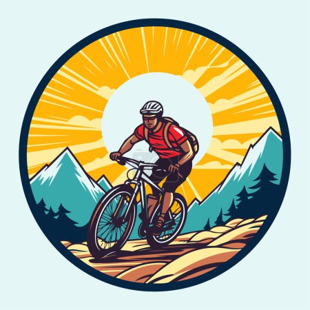 Illustration for Mountain biker rides in the mountains. Vector illustration in vintage style. - Royalty Free Image