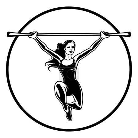 illustration of a female gymnast doing pull-ups set inside circle on isolated background done in retro style.