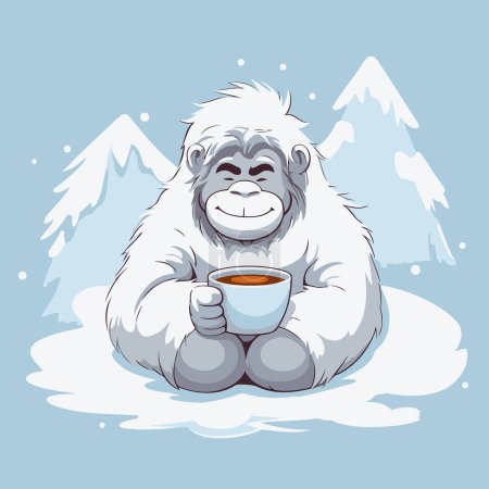 Téléchargez les illustrations : Gorille avec une tasse de thé sur la neige. Illustration vectorielle. - en licence libre de droit