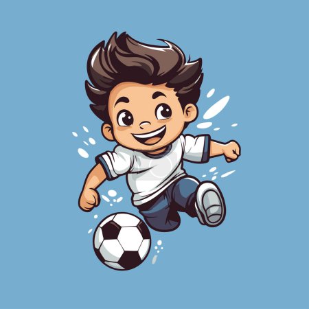 Illustration for Cartoon soccer player running with ball isolated on blue background. Vector illustration. - Royalty Free Image