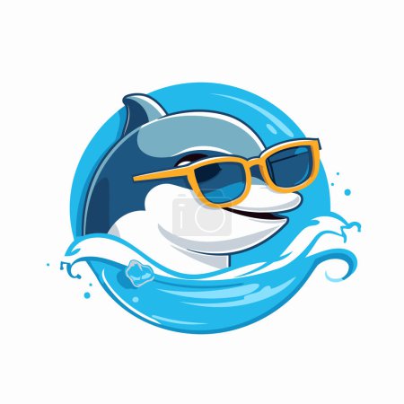 Illustration for Cartoon dolphin with sunglasses in the water. Vector illustration on white background. - Royalty Free Image