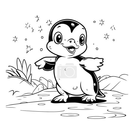 Ilustración de Lindo pingüino en el estanque. Ilustración vectorial en blanco y negro. - Imagen libre de derechos