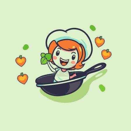 Téléchargez les illustrations : Cartoon fille de cuisine dans une casserole avec des cœurs. Illustration vectorielle. - en licence libre de droit