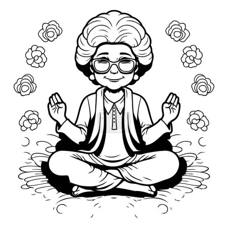 Ilustración de Abuela meditando en la posición de loto. Ilustración vectorial en blanco y negro. - Imagen libre de derechos