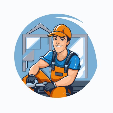 Illustration for Vector illustration of a handyman holding a drill in front of his house - Royalty Free Image