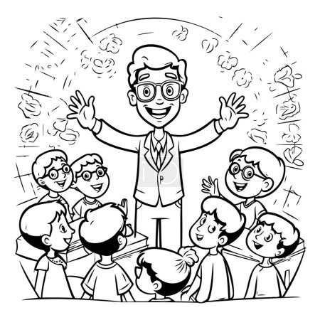 Téléchargez les illustrations : Illustration en noir et blanc d'un enseignant prononçant un discours devant des enfants. - en licence libre de droit