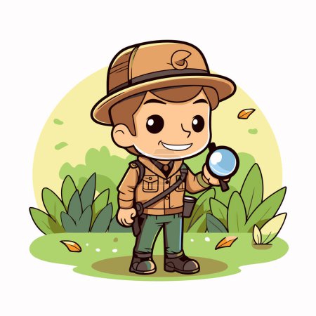 Illustration for Boy scout with magnifying glass in the park. Vector illustration. - Royalty Free Image