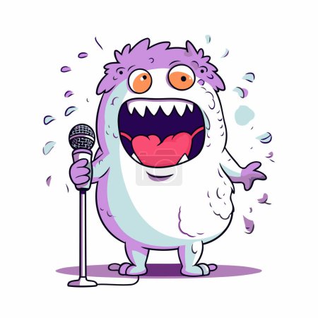 Illustration for Cute cartoon monster singing karaoke with microphone. Vector illustration. - Royalty Free Image