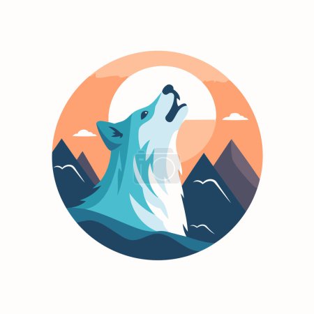Illustration for Wolf logo. Vector illustration of a wolf in the mountains at sunset. - Royalty Free Image