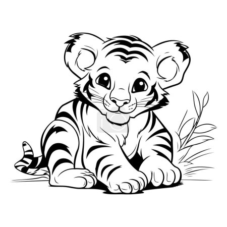 Téléchargez les illustrations : Illustration vectorielle en noir et blanc d'un petit tigre assis sur le sol - en licence libre de droit