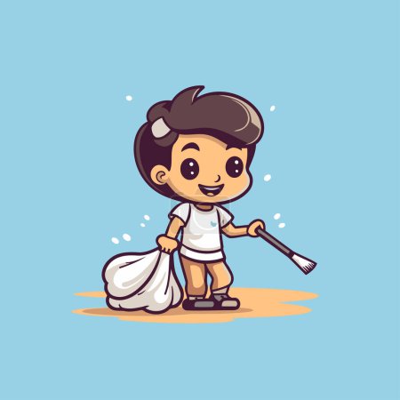 Téléchargez les illustrations : Mignon petit garçon qui nettoie le sol avec un balai. Illustration vectorielle. - en licence libre de droit