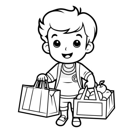 Illustration for Coloring book for children: Boy with shopping bags. Vector illustration - Royalty Free Image