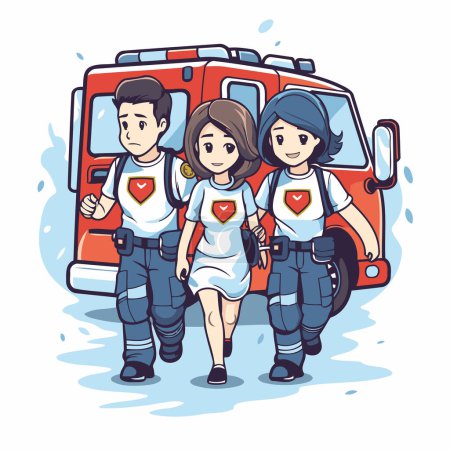 Téléchargez les illustrations : Illustration vectorielle d'un groupe de jeunes debout devant une machine à incendie - en licence libre de droit