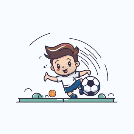 Téléchargez les illustrations : Joueur de football de dessin animé jouant au football. Illustration vectorielle plate d'un garçon frappant la balle. - en licence libre de droit