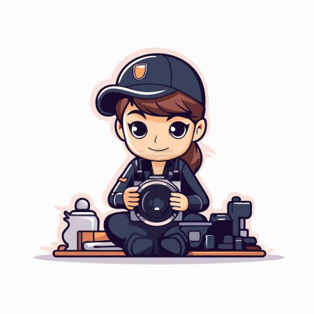 Illustration for Cute little photographer with camera. Vector illustration in cartoon style. - Royalty Free Image