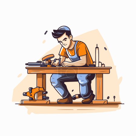 Téléchargez les illustrations : Charpentier au travail. Illustration vectorielle d'un menuisier travaillant sur une table en bois. - en licence libre de droit