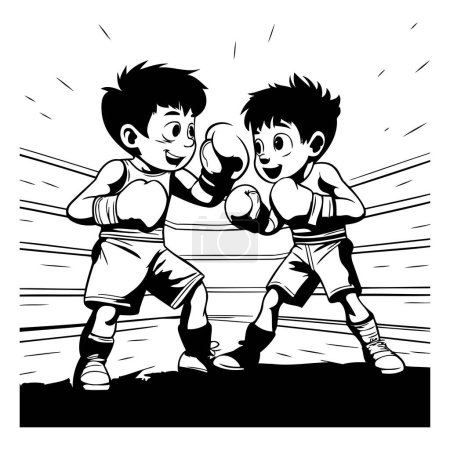 Illustration for Boxing Kids. Black and White Cartoon Illustration of Two Boxers in Action. Vector Clip Art. - Royalty Free Image